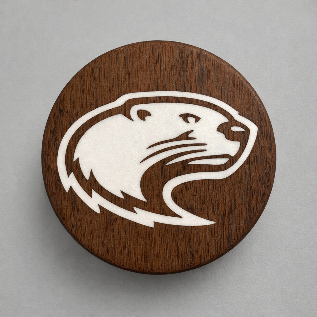 Custom hockey puck bottle opener with dark bamboo base and epoxy inlay — handmade by Langskegg